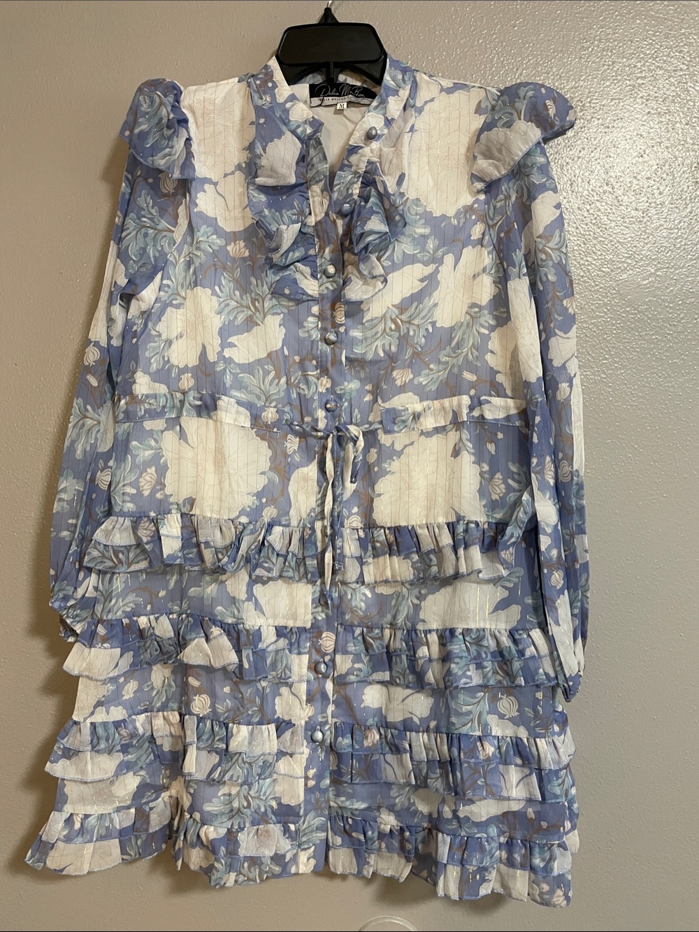 Dalia MacPhee fit and Flare mini Blue and White Floral Ruffle Dress size M